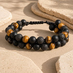 Bracelet "Confiance, Force & Reconstruction" en Oeil de Tigre, Pierre de Lave & Agate Noire - Homme