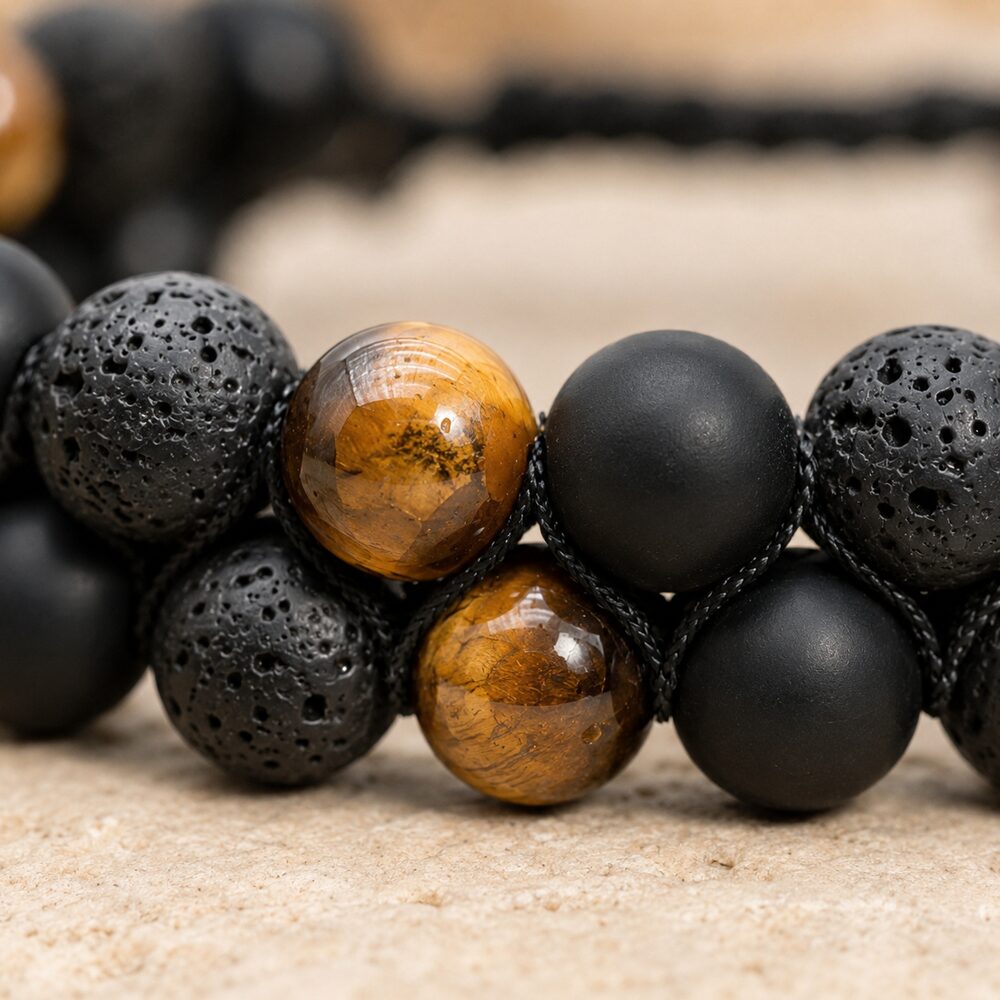 Bracelet "Confiance, Force & Reconstruction" en Oeil de Tigre, Pierre de Lave & Agate Noire - Homme