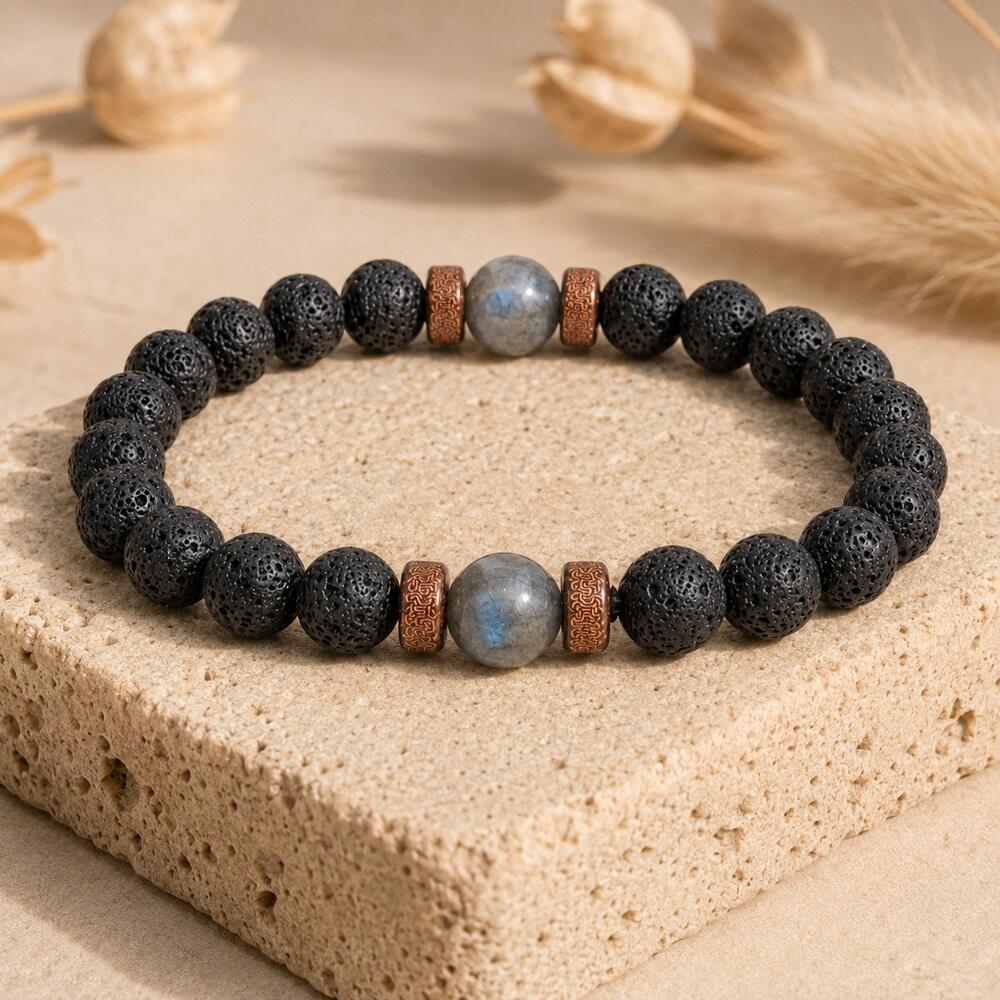 Bracelet "Protection & Reconstruction" en Labradorite & Pierre de Lave Homme