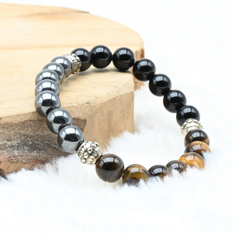 Bracelet "Triple" en Hematite, Oeil-de-Tigre et Obsidienne