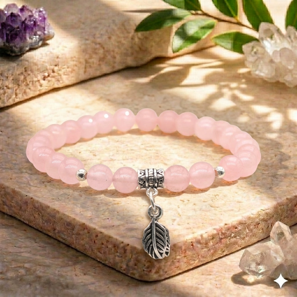 Bracelet "Amour" en Quartz Rose & Feuille Argent 925 - Pièce de Bijouterie -