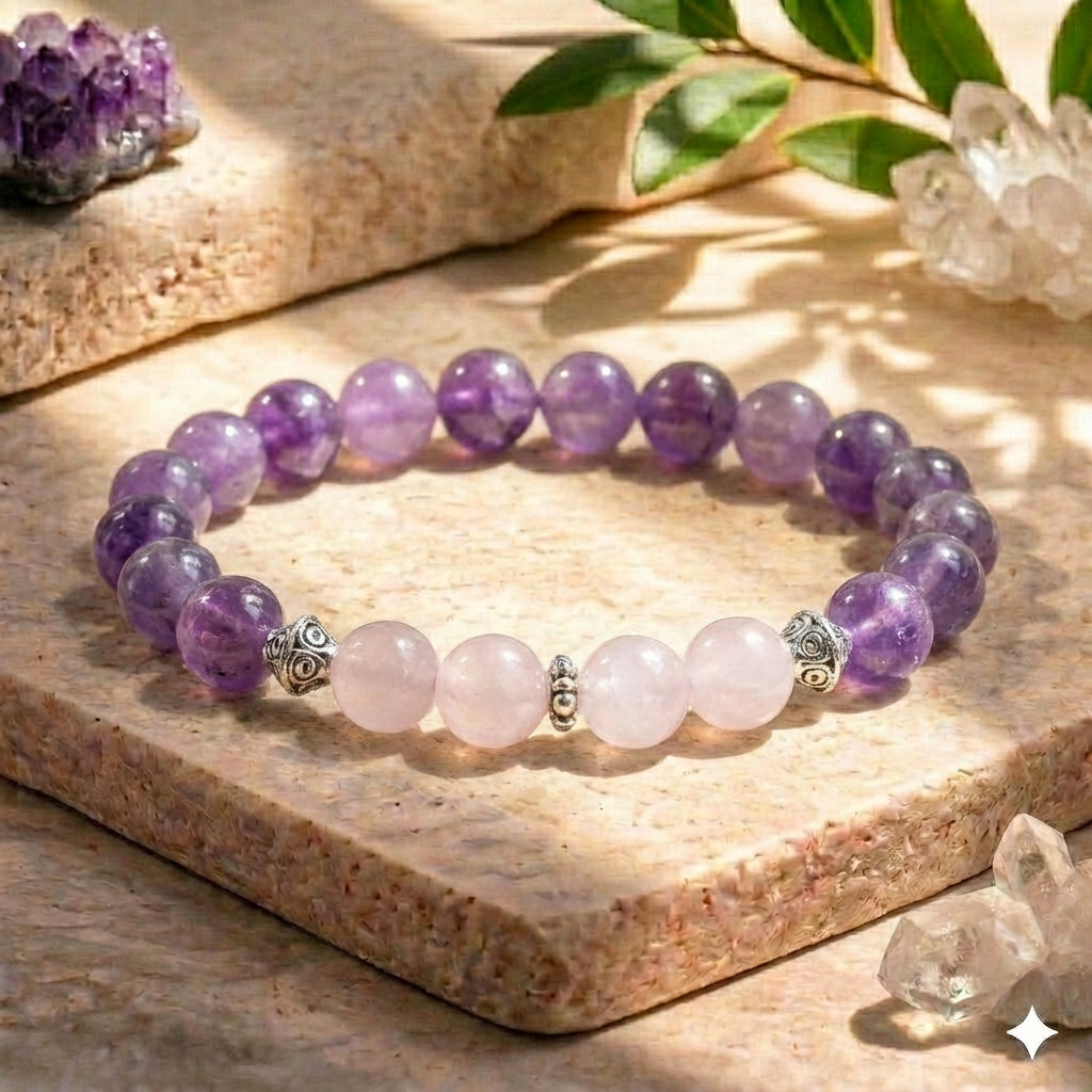 Bracelet "Amour & Harmonie" en Améthyste & Quartz Rose