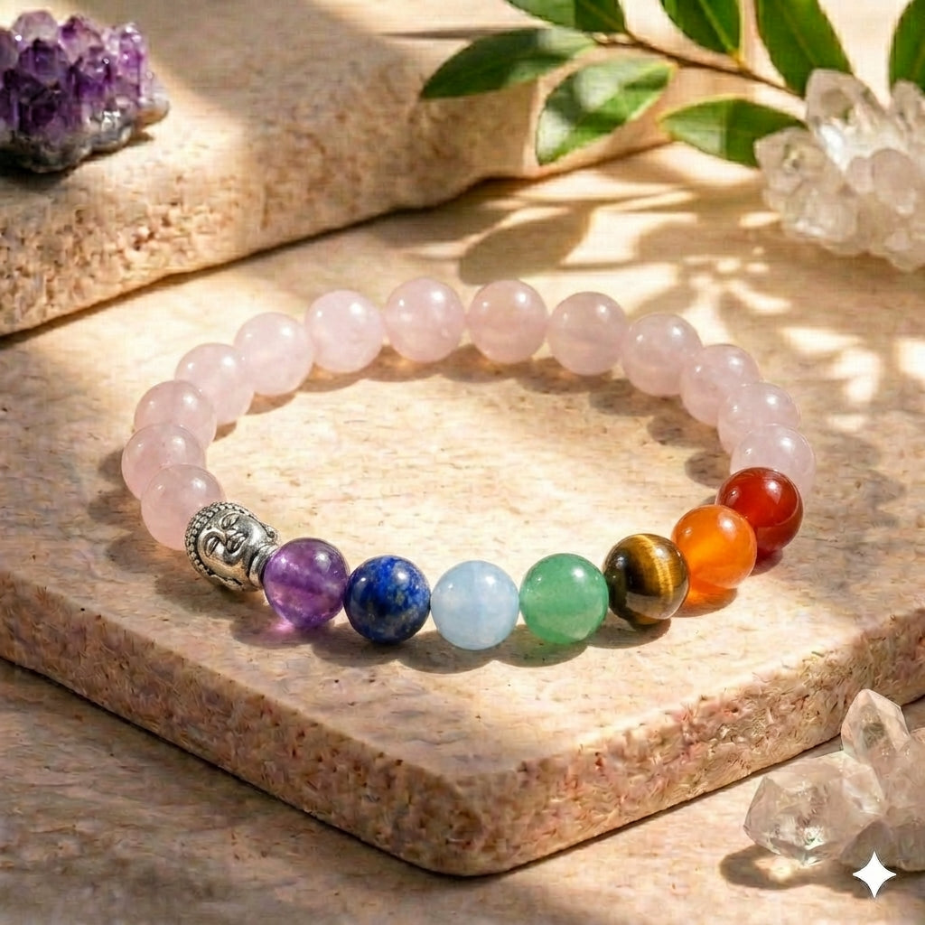 Bracelet "Amour des 7 Chakras" en Quartz Rose