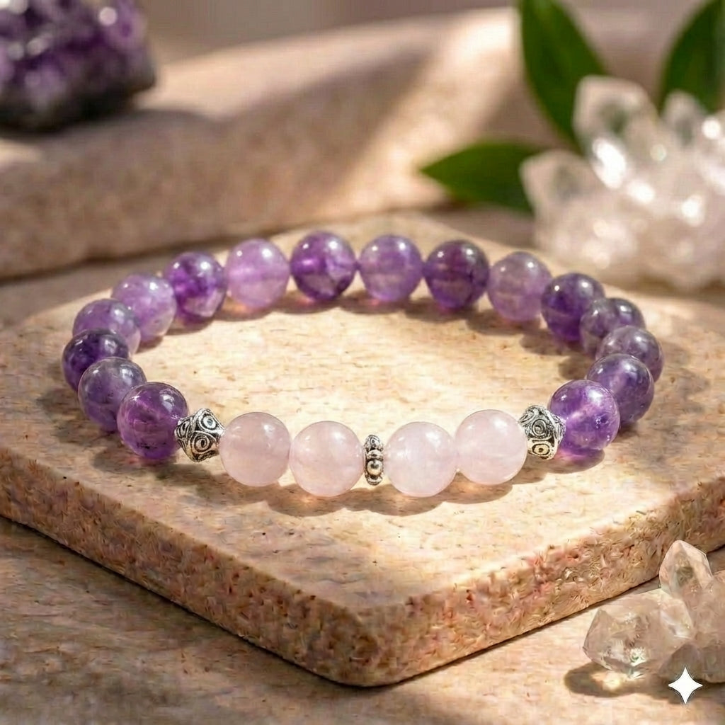 Bracelet "Amour & Harmonie" en Améthyste & Quartz Rose