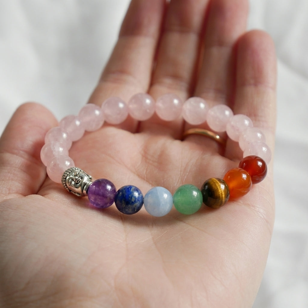 Bracelet "Amour des 7 Chakras" en Quartz Rose