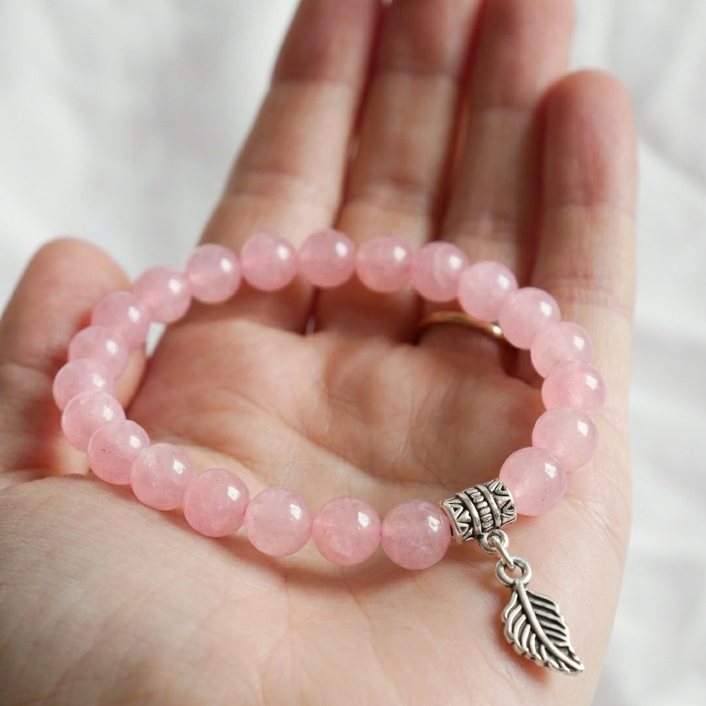 Bracelet "Amour" en Quartz Rose & Feuille Argent 925 - Pièce de Bijouterie -