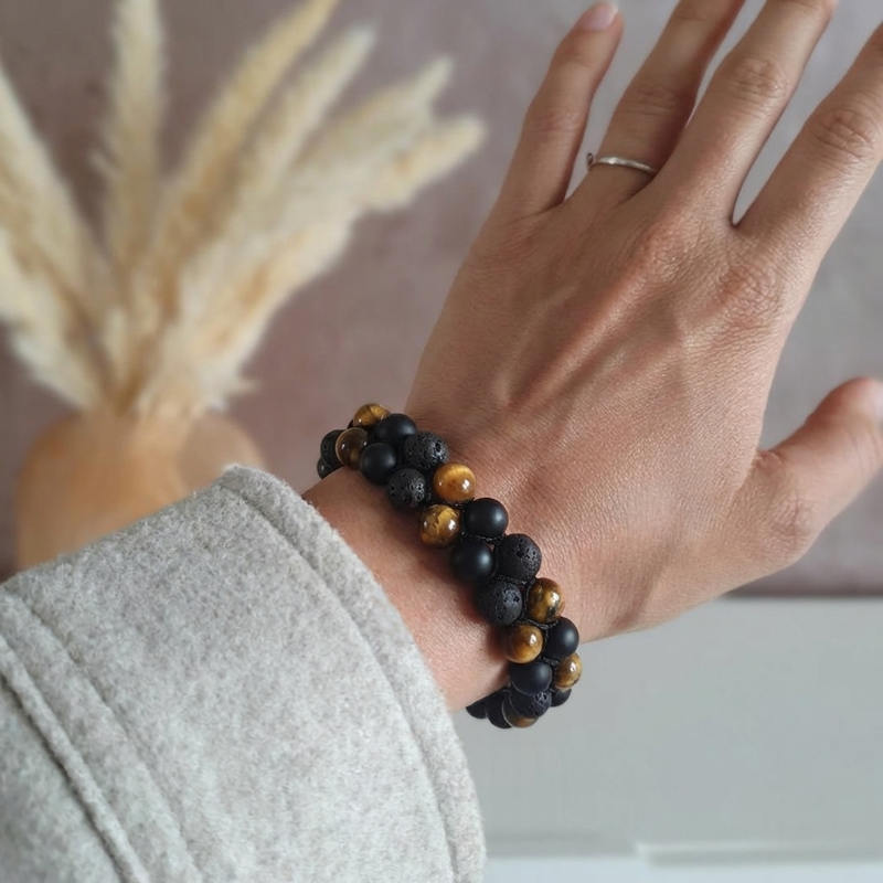 Bracelet "Confiance, Force & Reconstruction" en Oeil de Tigre, Pierre de Lave & Agate Noire - Homme