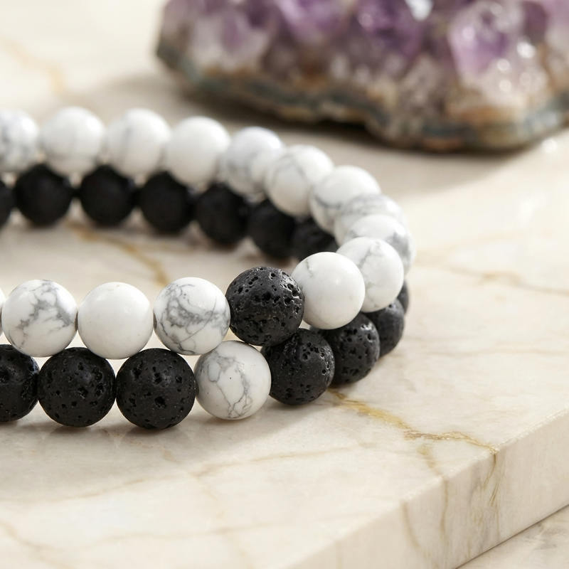 Bracelet "Duo Amour & Distance" en Howlite & Pierre de Lave