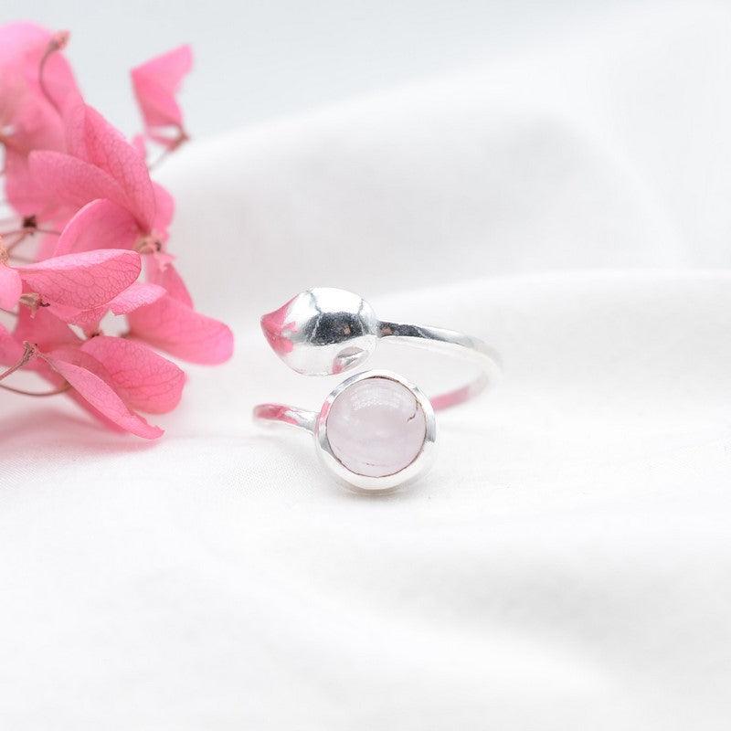 [RARE] Bague "Amour" Quartz Rose Feuille & Argent 925 - lespierresdubienetre