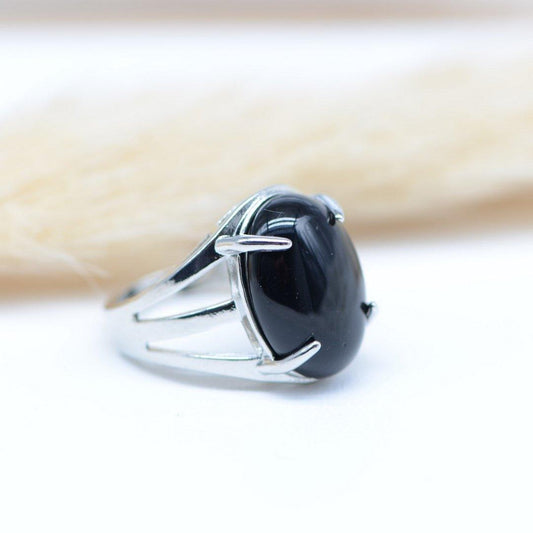 Bague "Bouclier" Cabochon Ovale en Obsidienne (réglable) - lespierresdubienetre