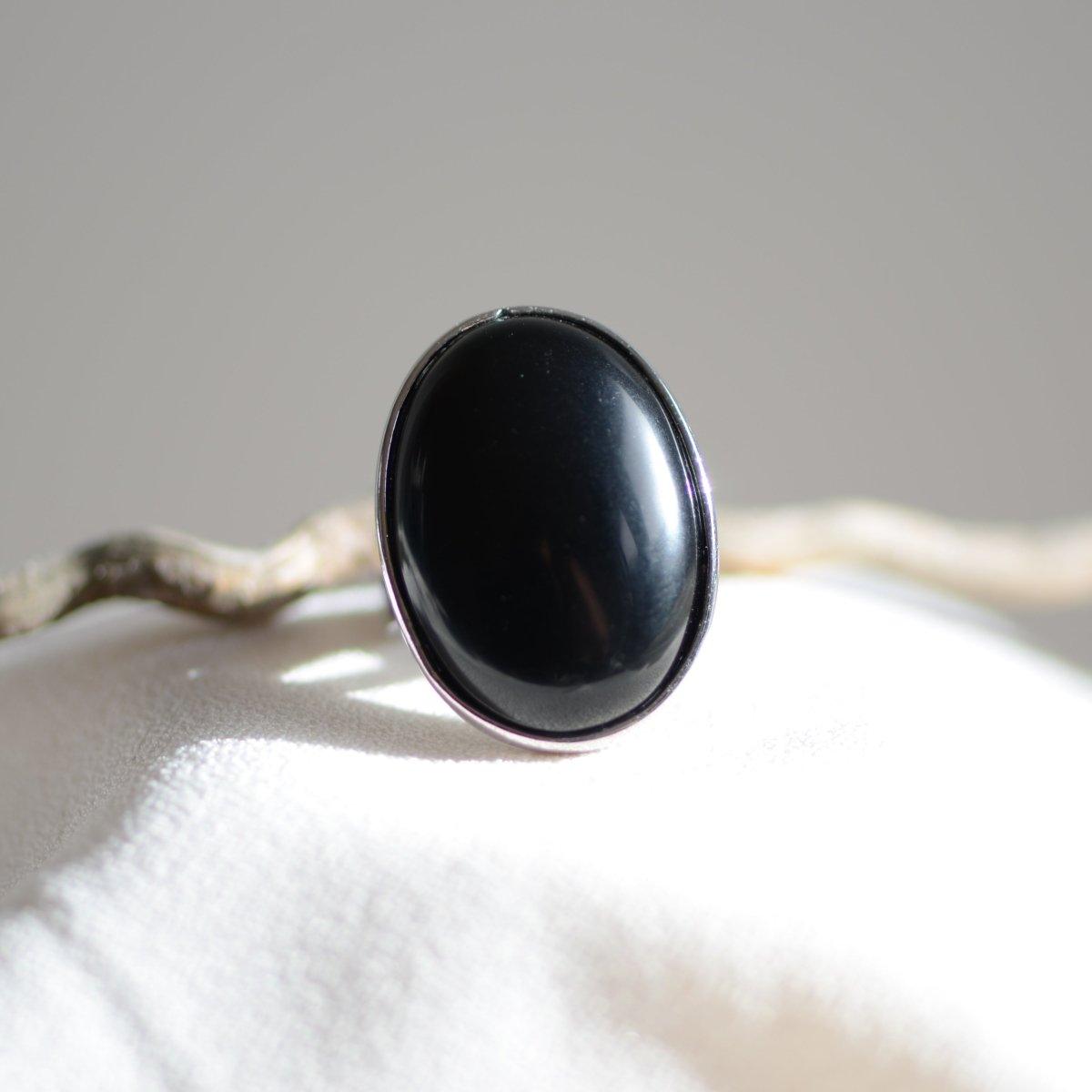 Bague "Bouclier" Ovale en Obsidienne (réglable) - lespierresdubienetre