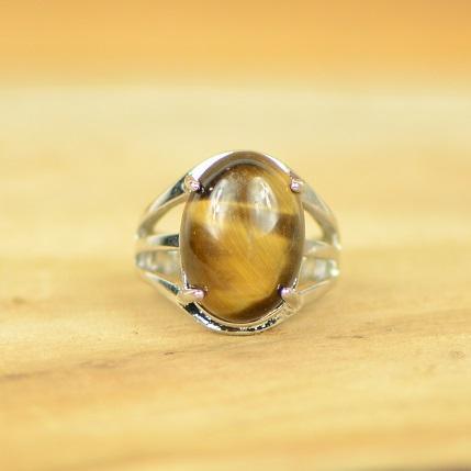 Bague "Confiance" Cabochon ovale en Oeil-de-Tigre (réglable) - lespierresdubienetre