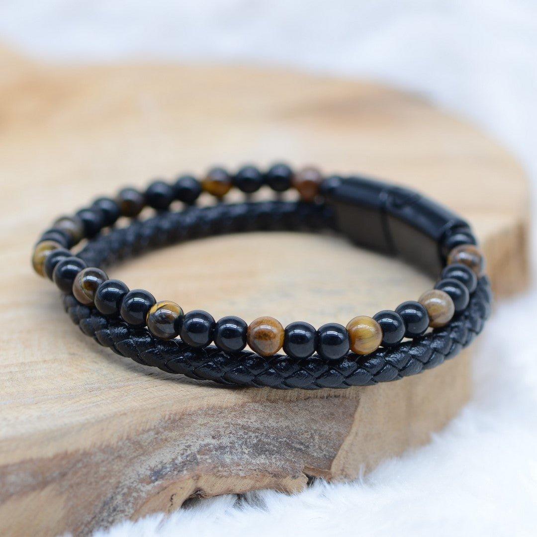 Bracelet "Confiance & Force" en Oeil de Tigre & Agate Noire Tressé Homme - lespierresdubienetre