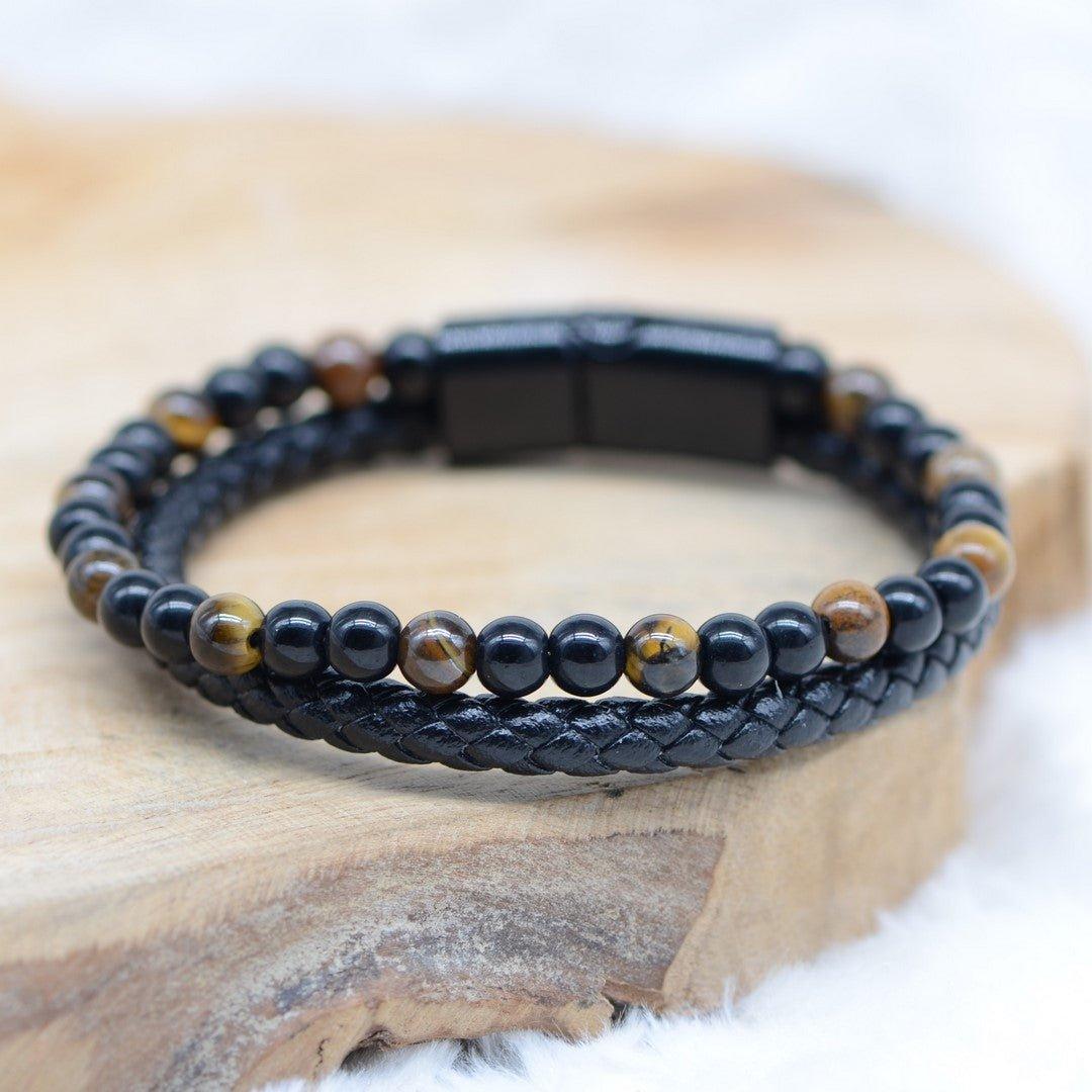 Bracelet "Confiance & Force" en Oeil de Tigre & Agate Noire Tressé Homme - lespierresdubienetre