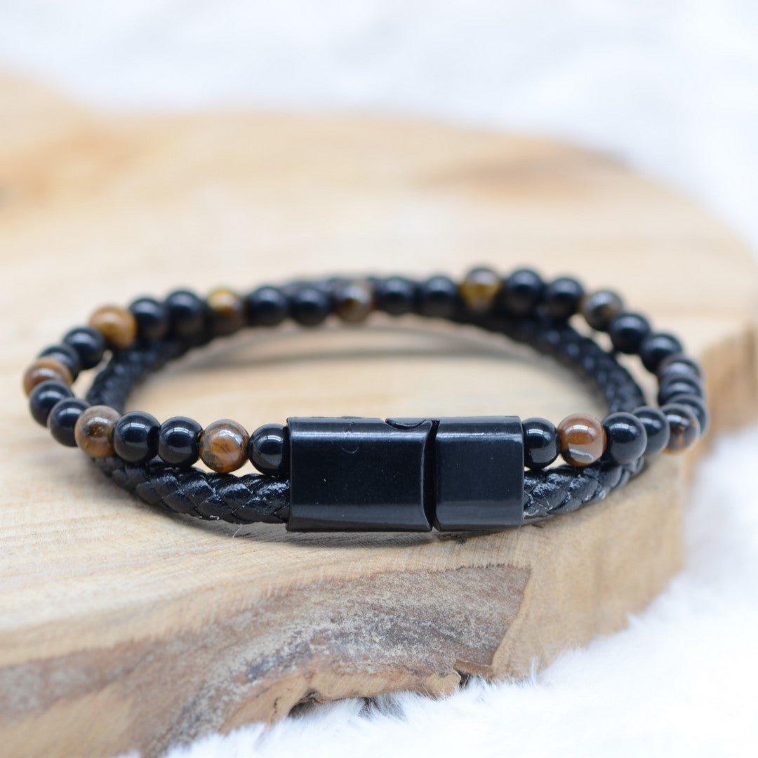 Bracelet "Confiance & Force" en Oeil de Tigre & Agate Noire Tressé Homme - lespierresdubienetre