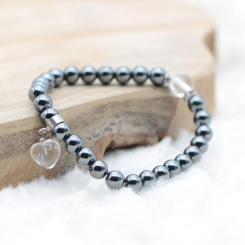 Bracelet "Dissipation" en Hématite (Cœur en Quartz) - lespierresdubienetre