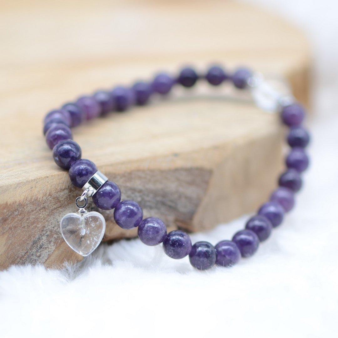 Bracelet "Éveil" en Lépidolite (Coeur en Quartz) - lespierresdubienetre