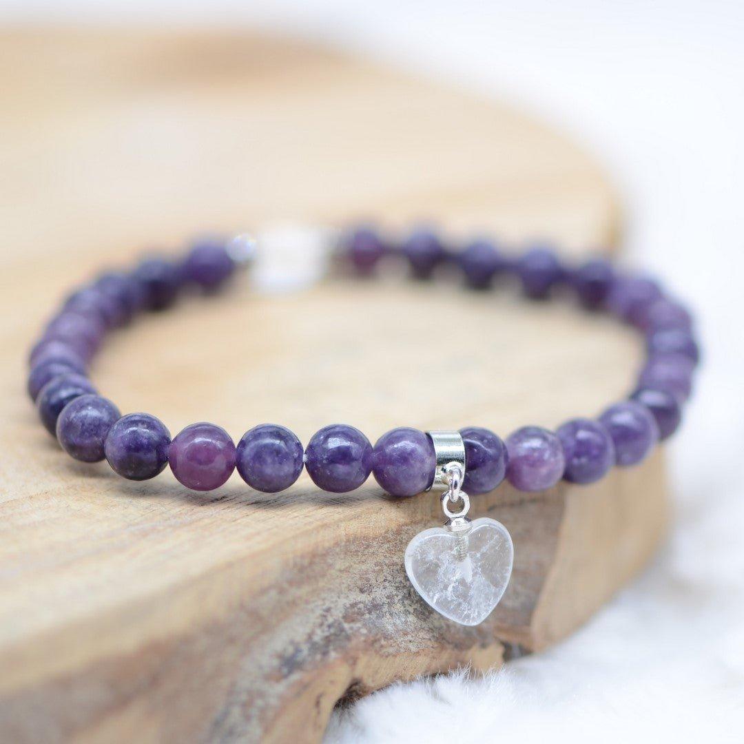 Bracelet "Éveil" en Lépidolite (Coeur en Quartz) - lespierresdubienetre