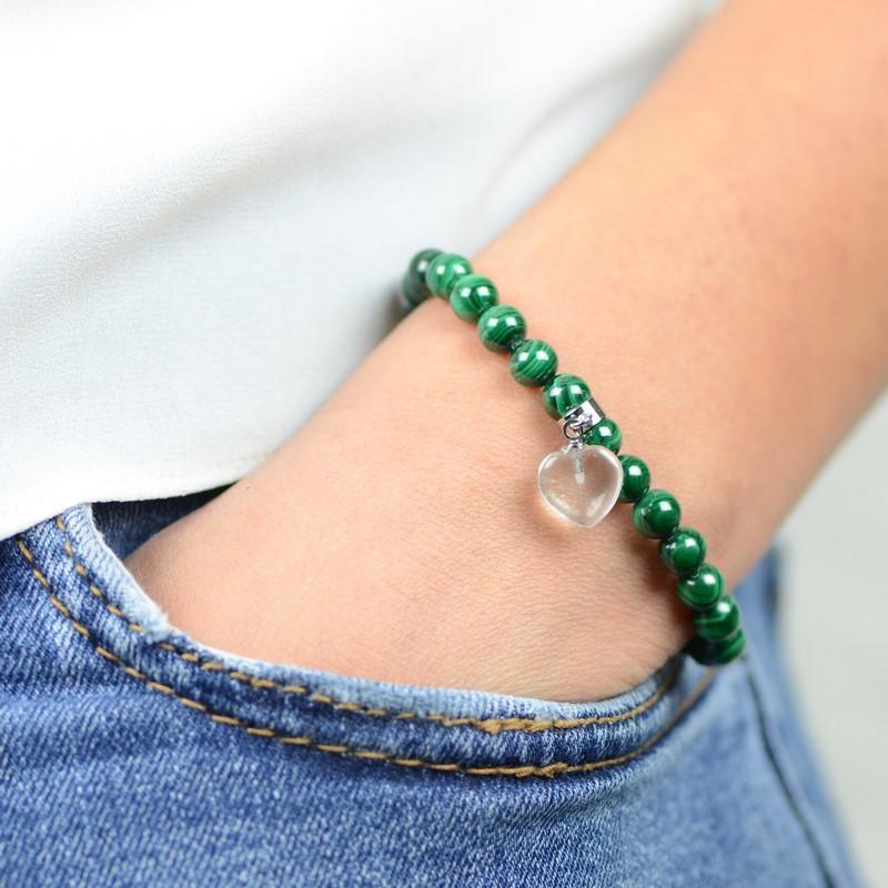 Bracelet "Paix" en Malachite (Coeur en Quartz) - lespierresdubienetre