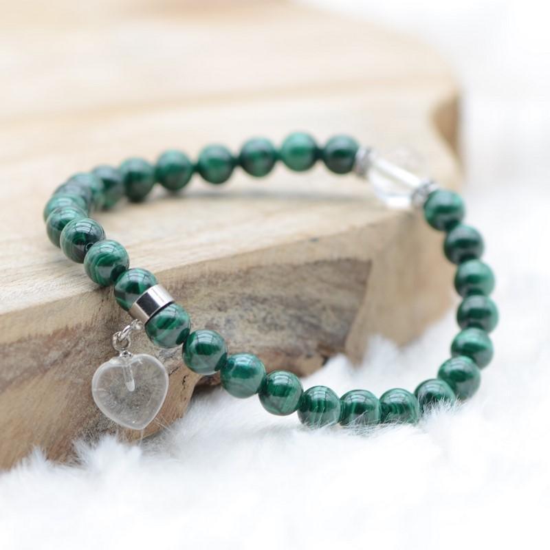 Bracelet "Paix" en Malachite (Coeur en Quartz) - lespierresdubienetre