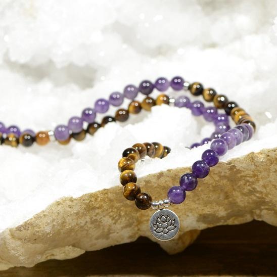 Mala "Confiance et Sagesse" en Oeil de Tigre & Améthyste - lespierresdubienetre